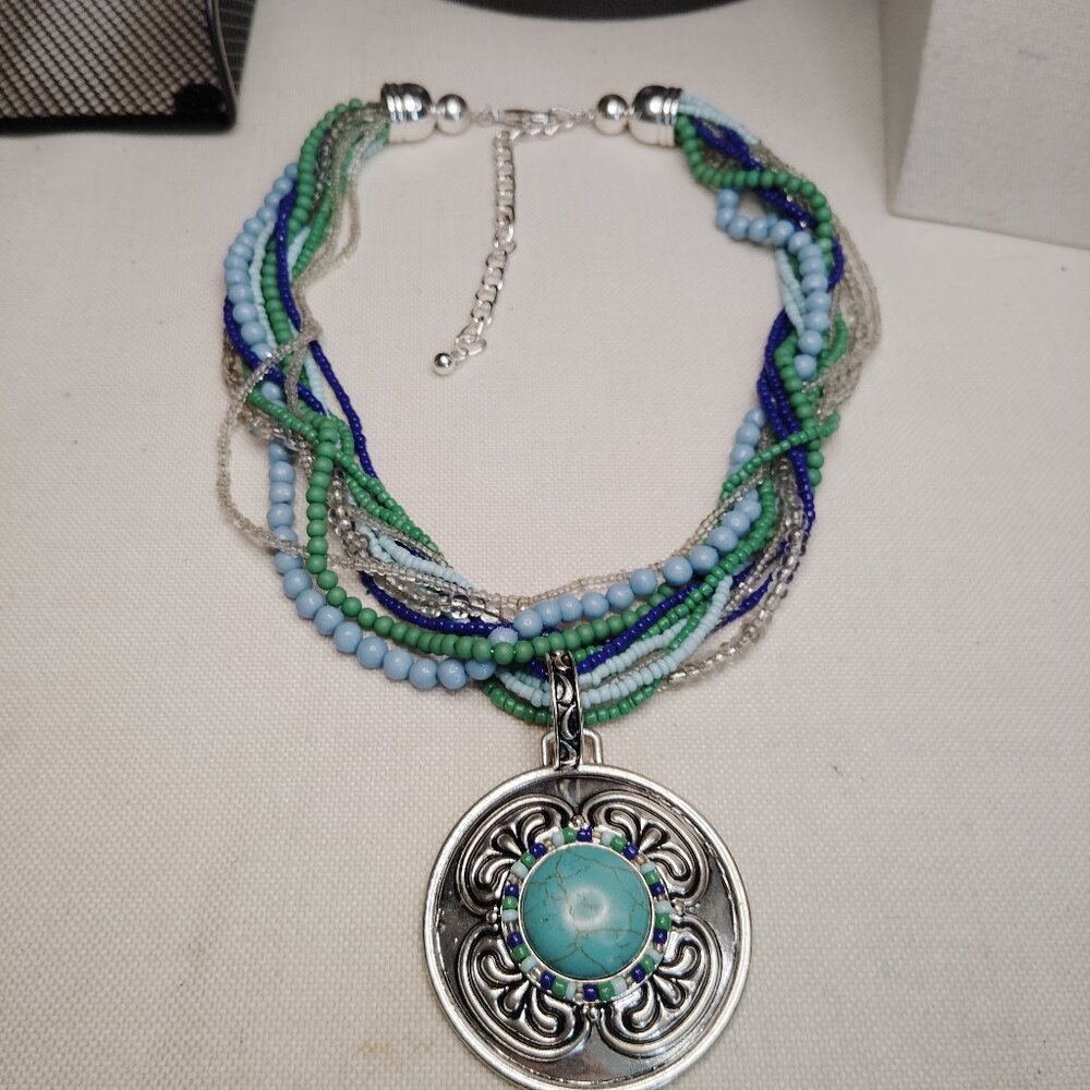 Multistrand Beaded Necklace with Turquoise Stone Pendant Silver Tone 17 Inch